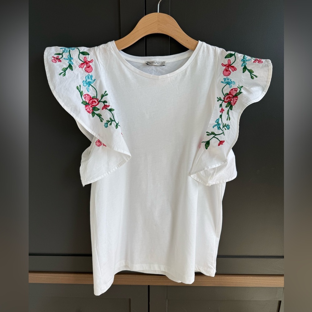 Embroidered Flutter Sleeve White Top with Pink & Blue Floral Detail